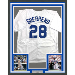Framed Autographed/Signed Pedro Guerrero 35x39 Los Angeles LA White Baseball Jersey Beckett BAS COA