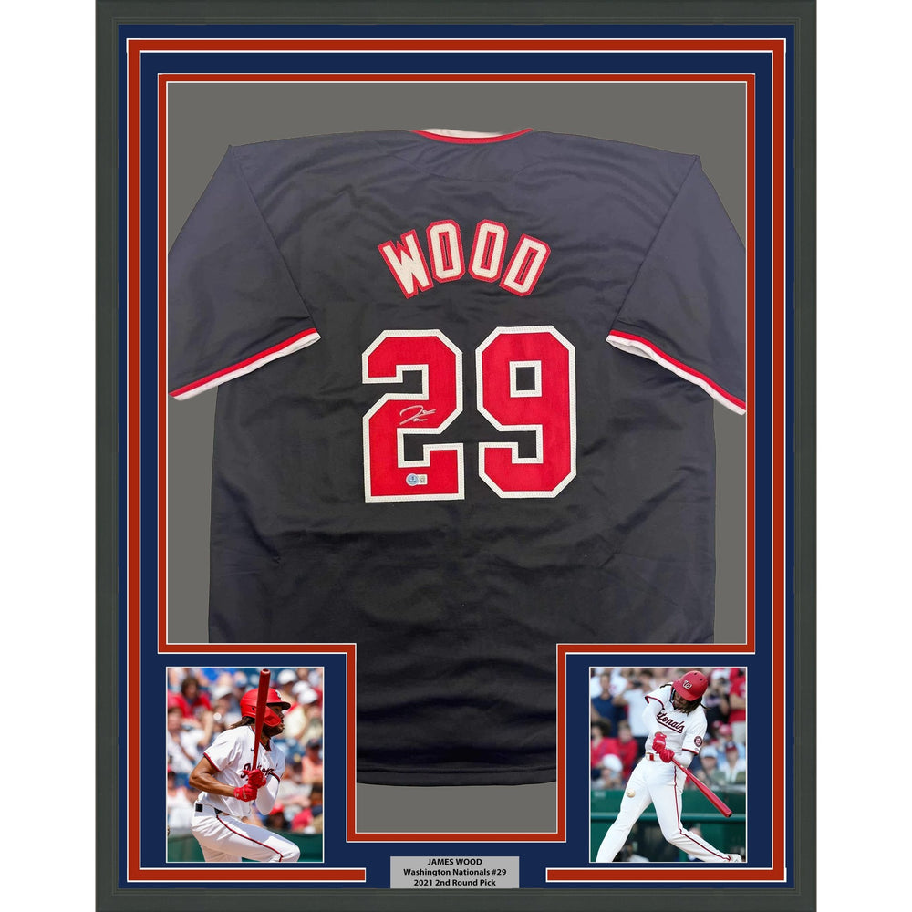 Framed Autographed/Signed James Wood 35x39 Washington Black Baseball Jersey Beckett BAS COA