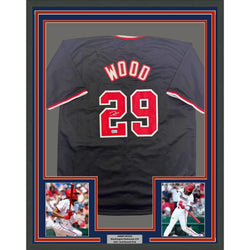 Framed Autographed/Signed James Wood 35x39 Washington Black Baseball Jersey Beckett BAS COA