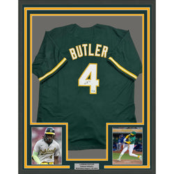 Framed Autographed/Signed Lawrence Butler 35x39 Oakland Green Baseball Jersey Beckett BAS COA