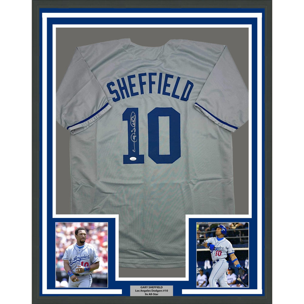 Framed Autographed/Signed Gary Sheffield 35x39 Los Angeles LA Grey Baseball Jersey JSA COA