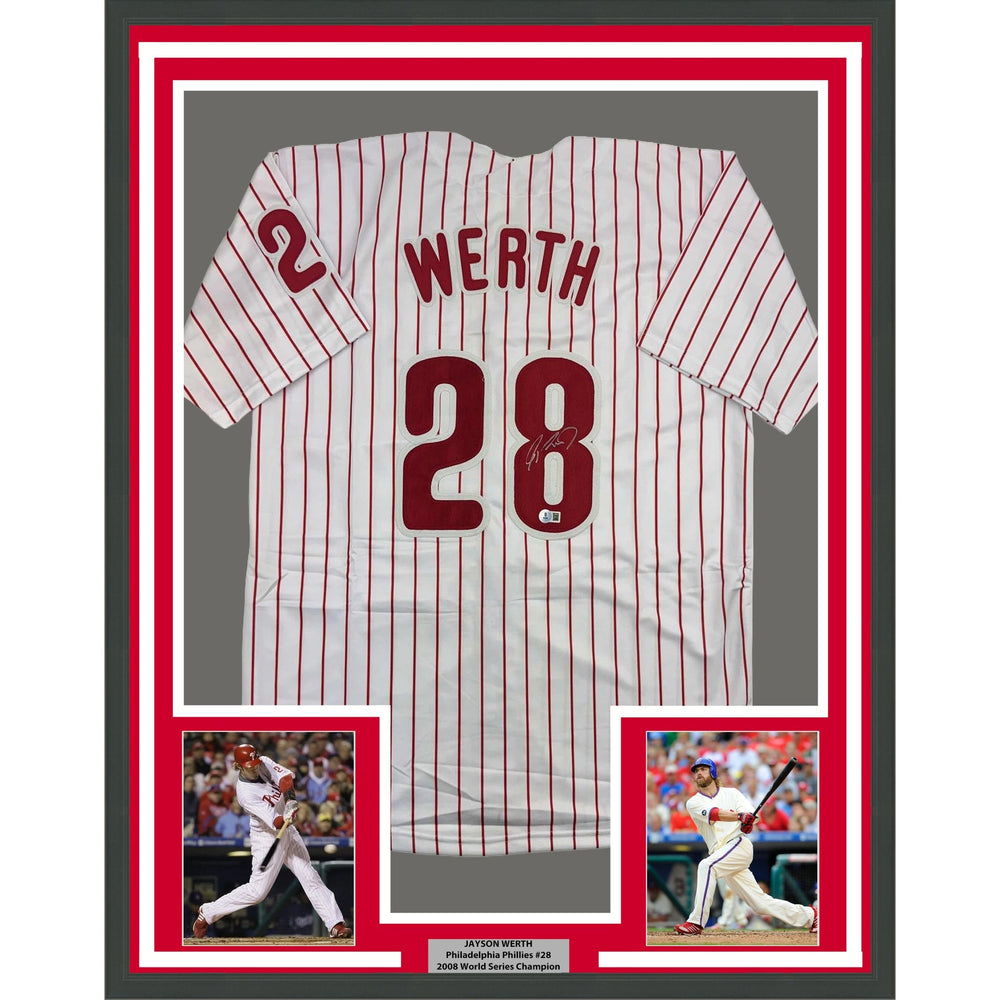 Framed Autographed/Signed Jayson Werth 35x39 Philadelphia Pinstripe Baseball Jersey Beckett BAS COA