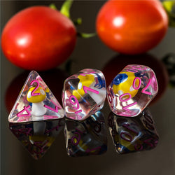 Yellow Mushroom Dice Clear Blue Flower w/Pink Numbers 7-Dice Set Rpg (Online Only)