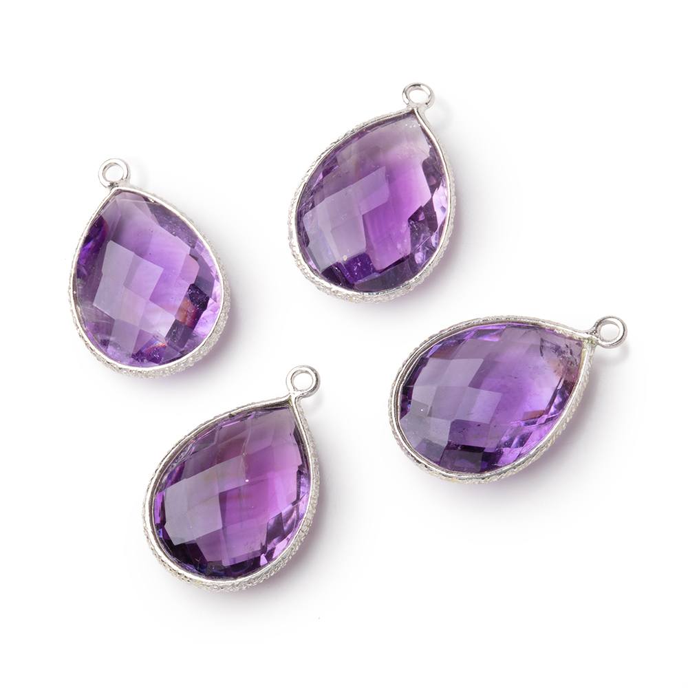 17x13mm Sterling Silver Textured Bezel Amethyst Faceted Pear 1 Pendant