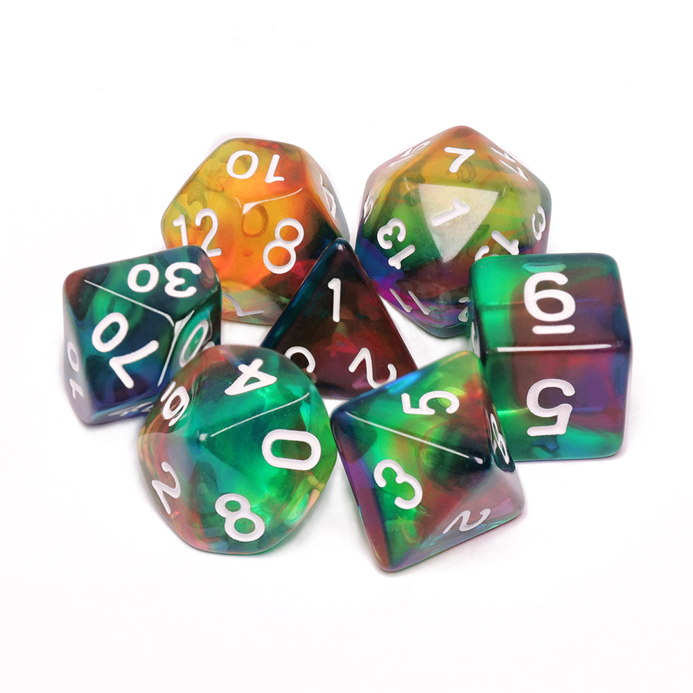 Colorful Wind 7-Dice Set Green/Mix w/White Numbers Stained Glass Dnd Dice Set (Online Only)