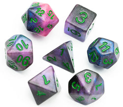 Purple & Blue w/green Galaxy Glitter 7-Dice Set RPG (Online Only)