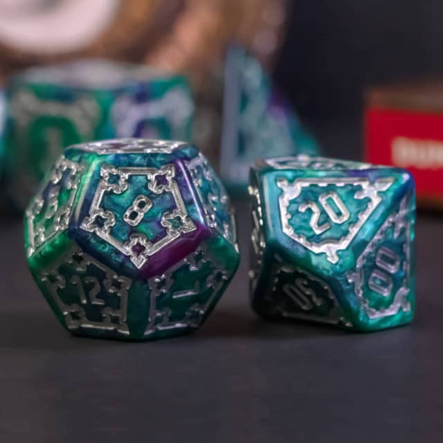 Two-Tone (Purple/Green) Huge Castle Dice (D6:25mm) 7-Dice (Online Only)