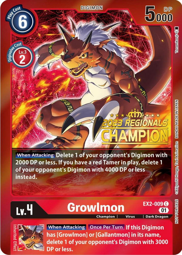 Growlmon [EX2-009] (2023 Regionals Champion) [Digital Hazard Promos] (ONLINE ORDER ONLY)