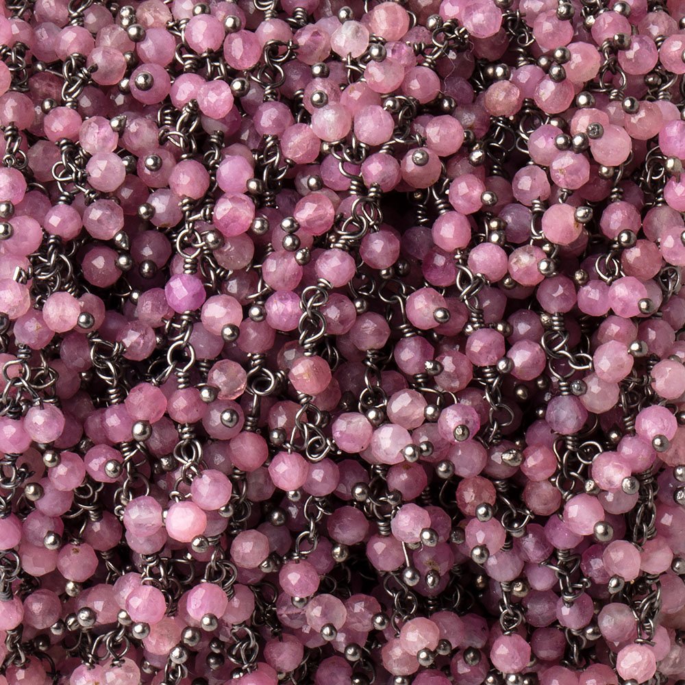 3mm Pink Tourmaline micro-faceted round Black Gold Dangling Chain by the foot (ONLINE ORDER ONLY)
