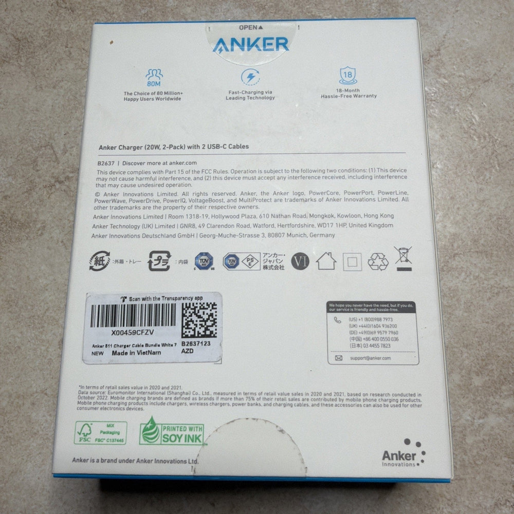 Anker 511 20W USB-C Fast Charger 2-Pack w/ Cables White NEW B2637 (ONLINE ORDER ONLY)