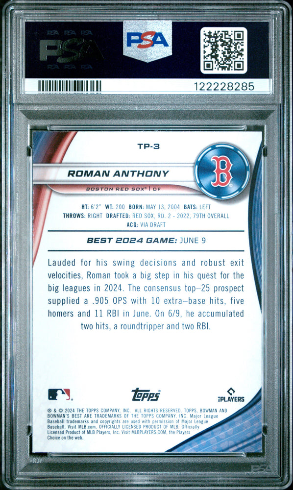 Graded 2024 Topps Bowmans Best Roman Anthony #TP3 Top Prospects Rookie RC Baseball Card PSA 9 Mint