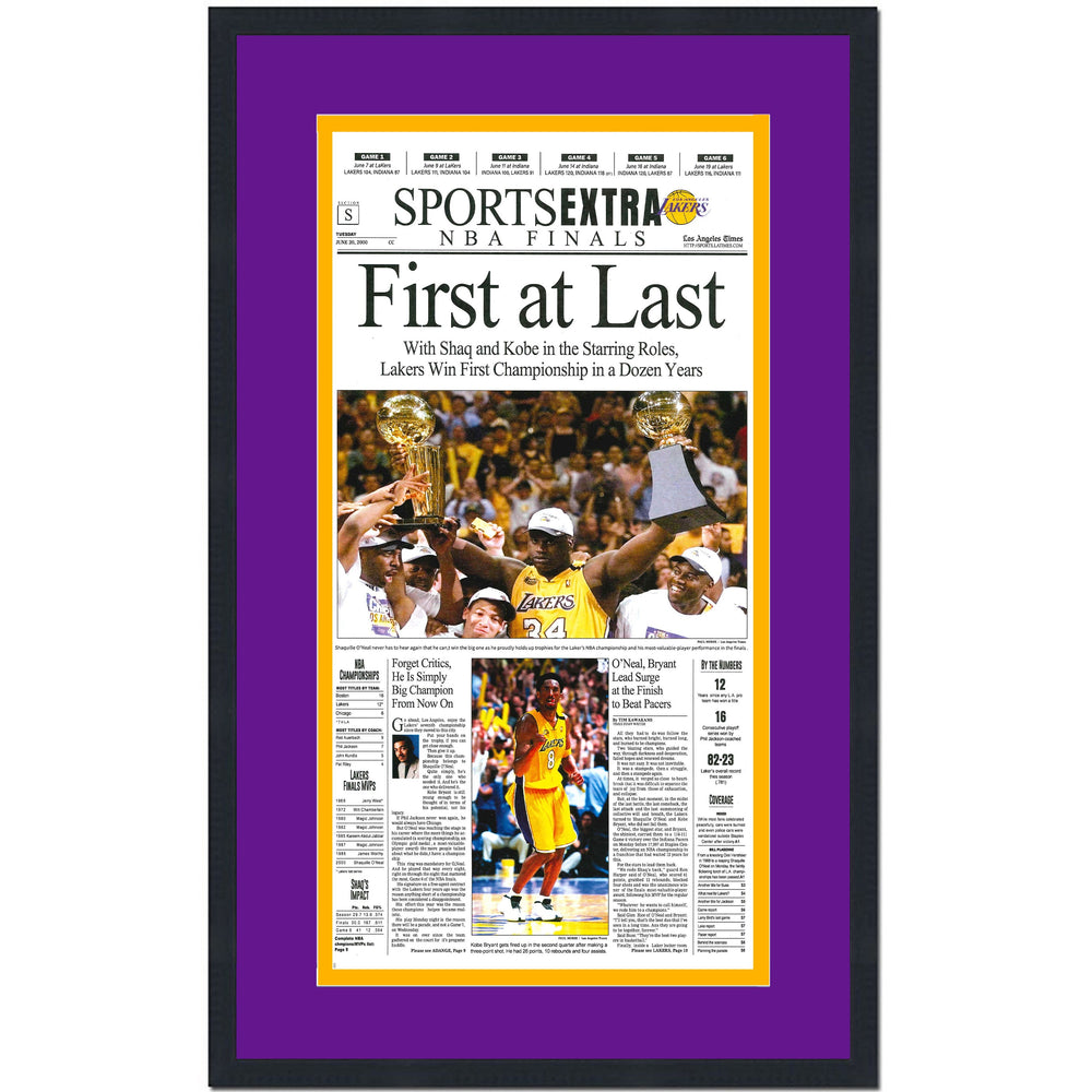 Framed Los Angeles LA Times Lakers First At Last 2000 NBA Finals Champions 14x22 Basketball Newspaper Cover Photo Professionally Matted