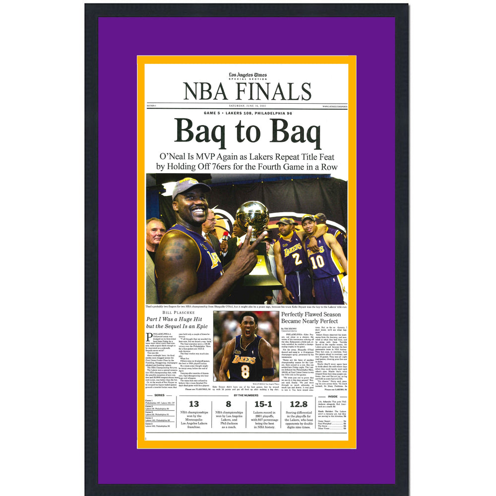 Framed Los Angeles LA Times Lakers Baq To Baq 2001 NBA Finals Champions 14x22 Basketball Newspaper Cover Photo Professionally Matted (ONLINE ORDER ONLY)