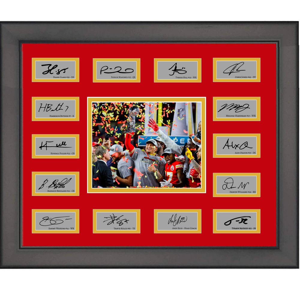 Framed 2019 Kansas City Chiefs NFL Super Bowl Champions Team Facsimile Laser Engraved Signature Auto Collage 20x25 Football Photo (ONLINE ORDER ONLY)