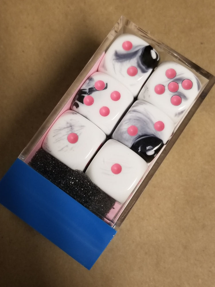 Gemini Black White w/Pink 16mm 12 dice block Limited Edition Lab Dice (Online Only)