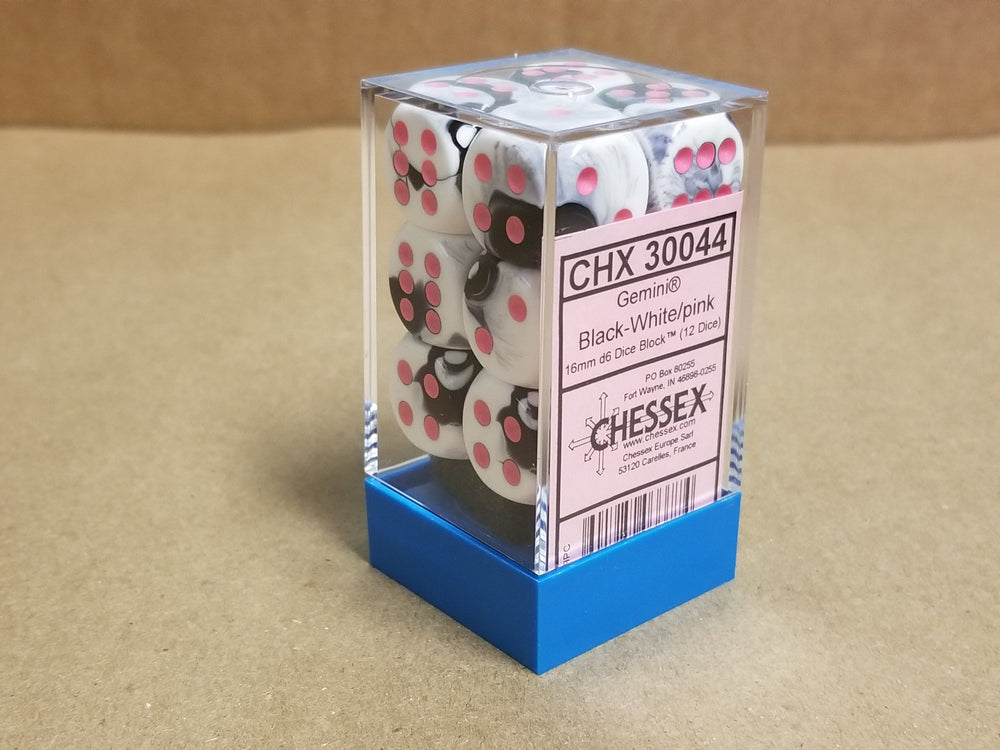 Gemini Black White w/Pink 16mm 12 dice block Limited Edition Lab Dice (Online Only)