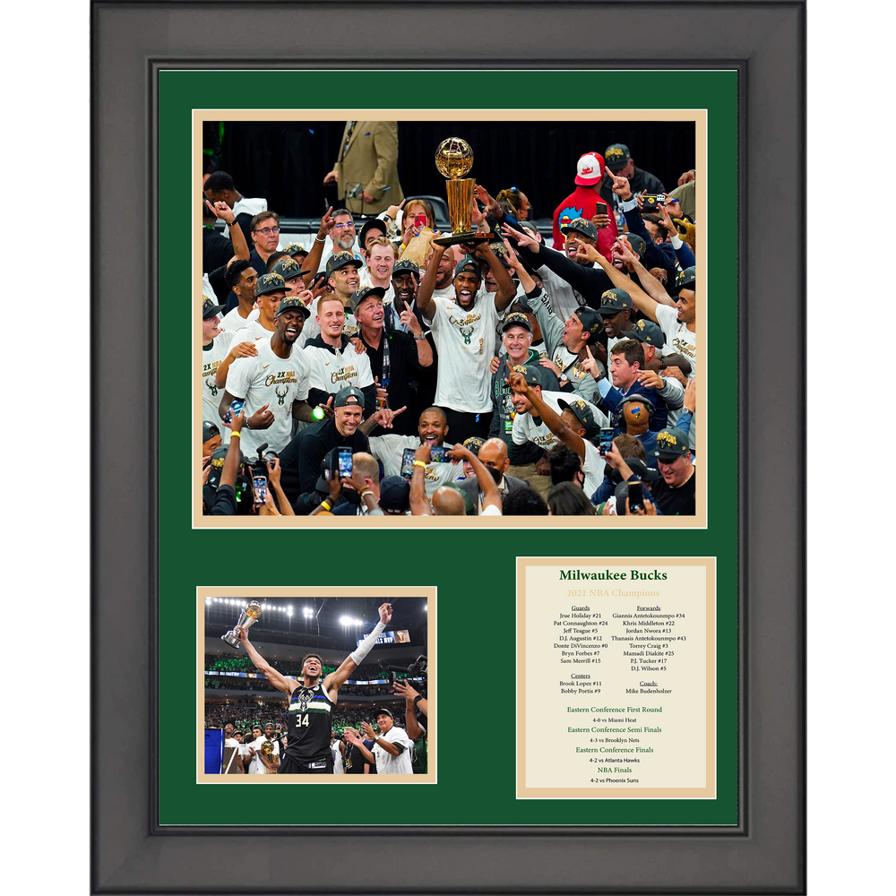 Framed Milwaukee Bucks 2021 NBA Finals Champions Giannis Antetokounmpo MVP Basketball 11"x14" Three Photo Collage (ONLINE ORDER ONLY)