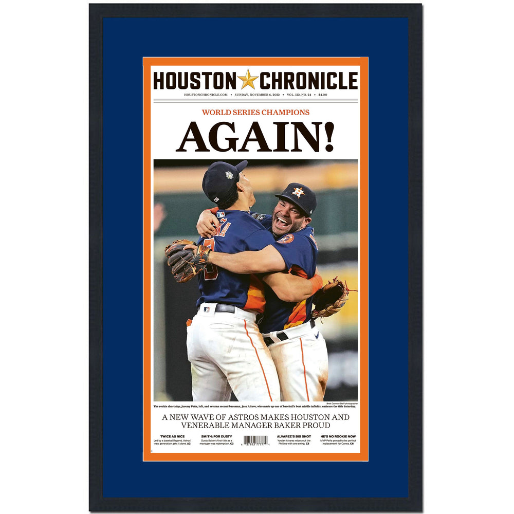 Framed Houston Chronicle Astros Again! 2022 World Series Champions 17x27 Baseball Newspaper Cover Photo Professionally Matted V1 (ONLINE ORDER ONLY)