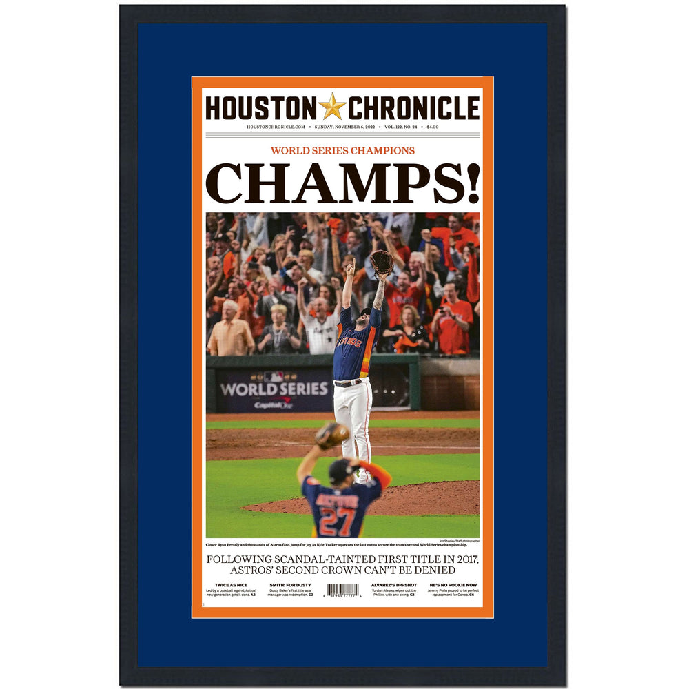 Framed Houston Chronicle Astros Champs! 2022 World Series Champions 17x27 Baseball Newspaper Cover Photo Professionally Matted V3 (ONLINE ORDER ONLY)