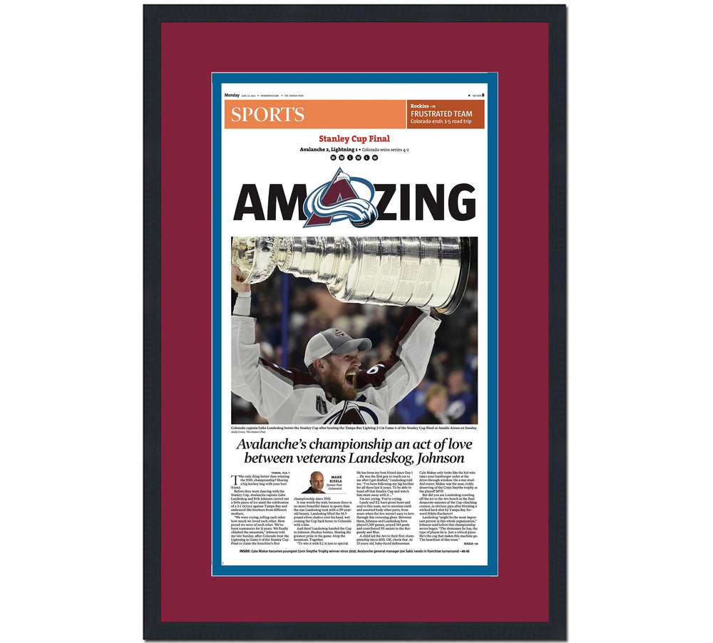 Framed Denver Post Colorado Avalanche 2022 Stanley Cup Champions 14x24 Hockey Newspaper Cover Photo Professionally Matted V2 (ONLINE ORDER ONLY)
