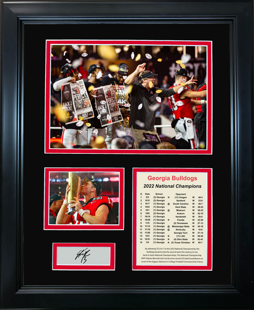 Framed Georgia Bulldogs 2022 National Championship Stetson Bennett Facsimile Laser Engraved Signature Auto College Football 11"x14" Photo Sig Collage (ONLINE ORDER ONLY)