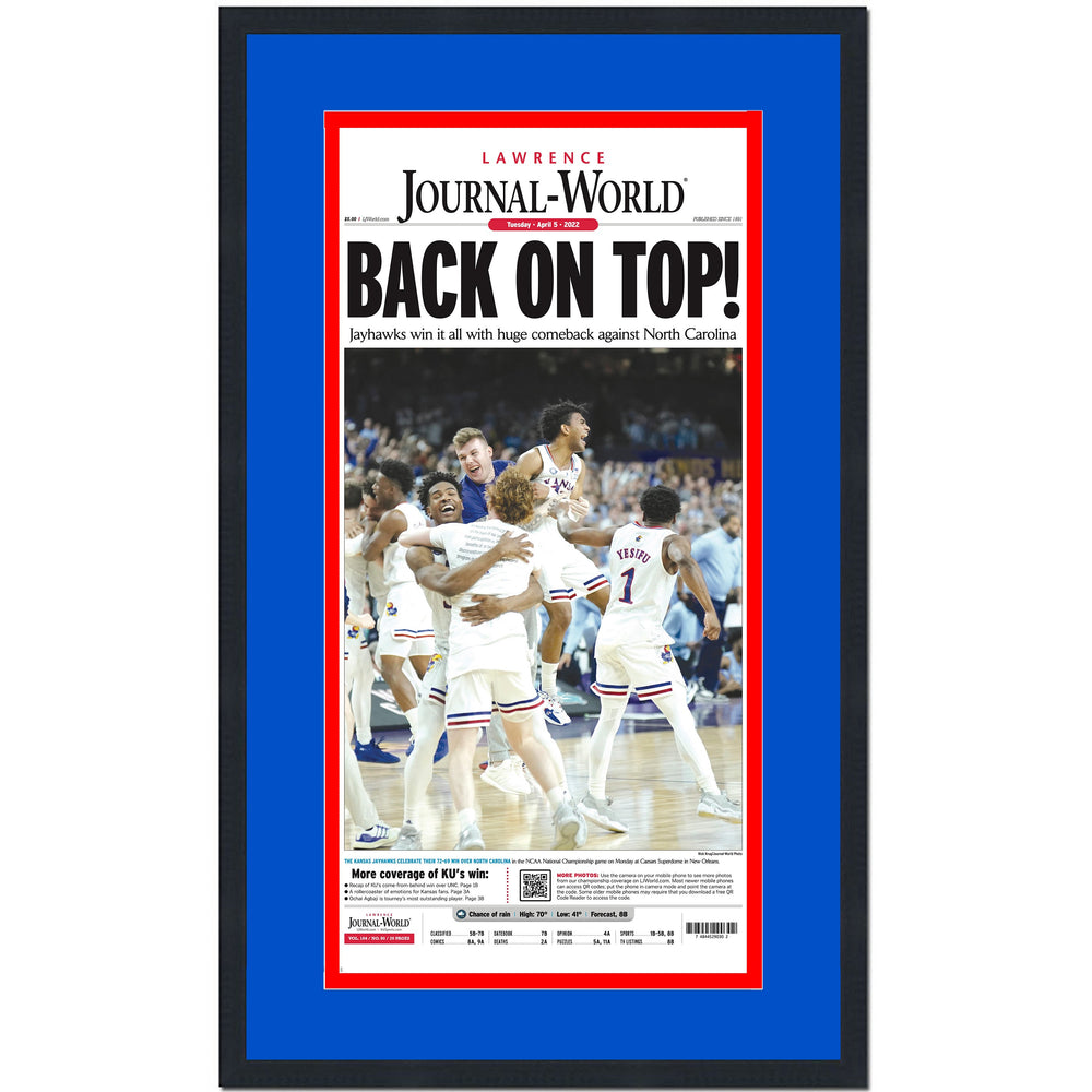 Framed Lawrence World-Journal Kansas Jayhawks 2022 NCAA National Champions 17x27 Newspaper Cover Photo Professionally Matted V1 (ONLINE ORDER ONLY)