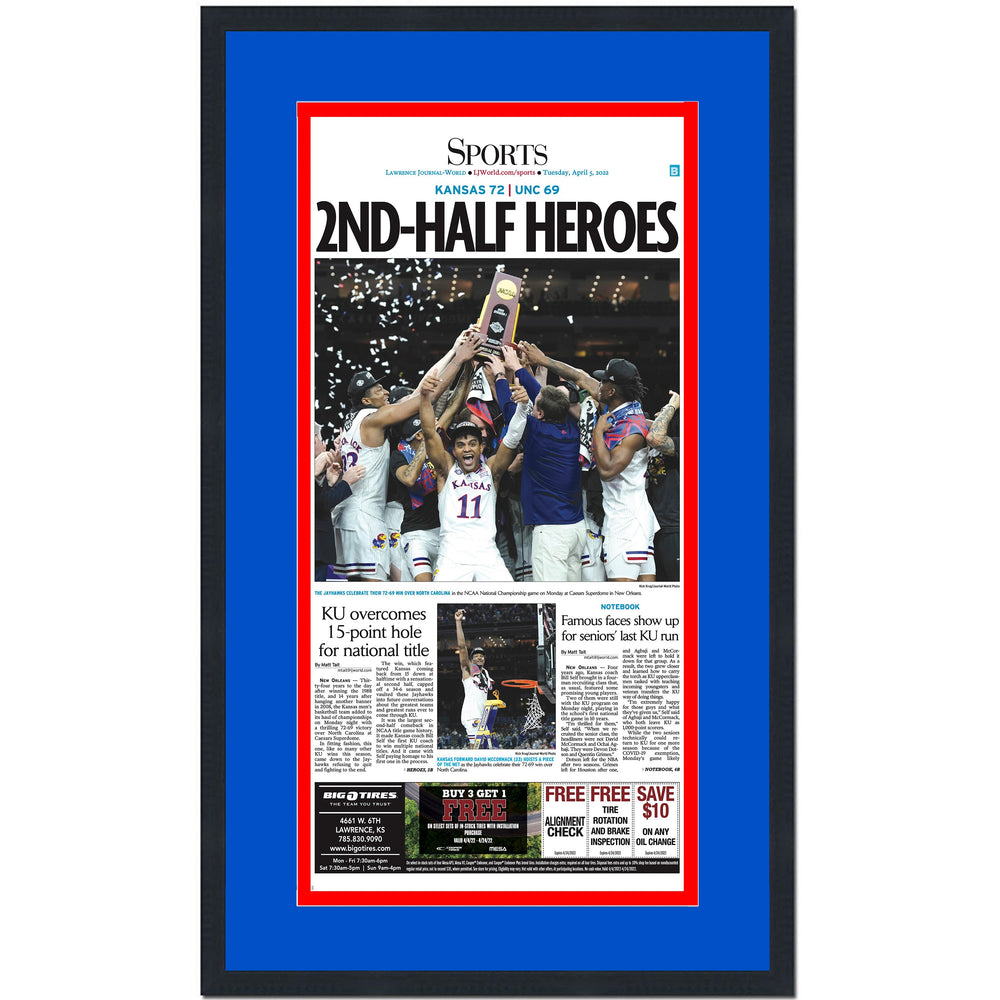 Framed Lawrence World-Journal Kansas Jayhawks 2022 NCAA National Champions 17x27 Newspaper Cover Photo Professionally Matted V2 (ONLINE ORDER ONLY)