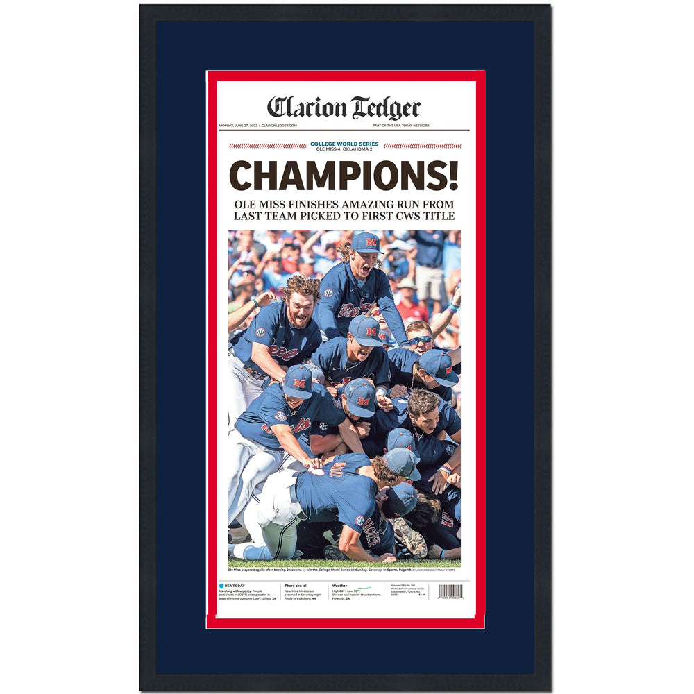 Framed Clarion Ledger Ole Miss 2022 NCAA College Baseball World Series National Champions 14x24 Newspaper Cover Photo Professionally Matted (ONLINE ORDER ONLY)