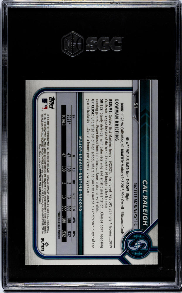Graded 2022 Topps Bowman Chrome Cal Raleigh #51 Rookie RC Baseball Card SGC 9 Mint