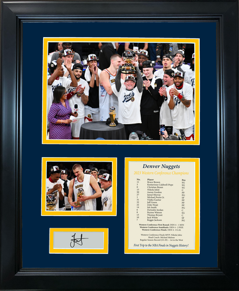 Framed Denver Nuggets 2023 Western Conference Champions Nikola Jokic MVP Facsimile Laser Engraved Signature Auto Basketball 11"x14" Photo Sig Collage (ONLINE ORDER ONLY)