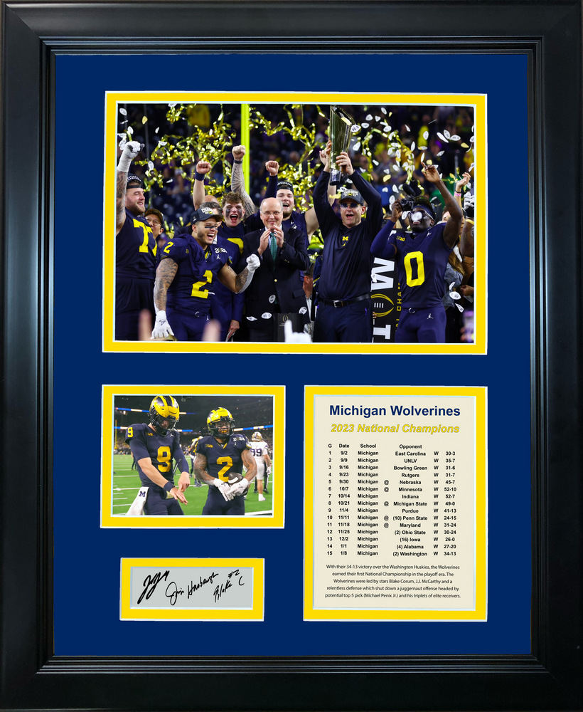 Framed Michigan Wolverines 2023 National Championship Blake Corum, Jim Harbaugh, J.J. McCarthy Facsimile Laser Engraved Signatures Auto College Football 11"x14" Photo Sig Collage (ONLINE ORDER ONLY)