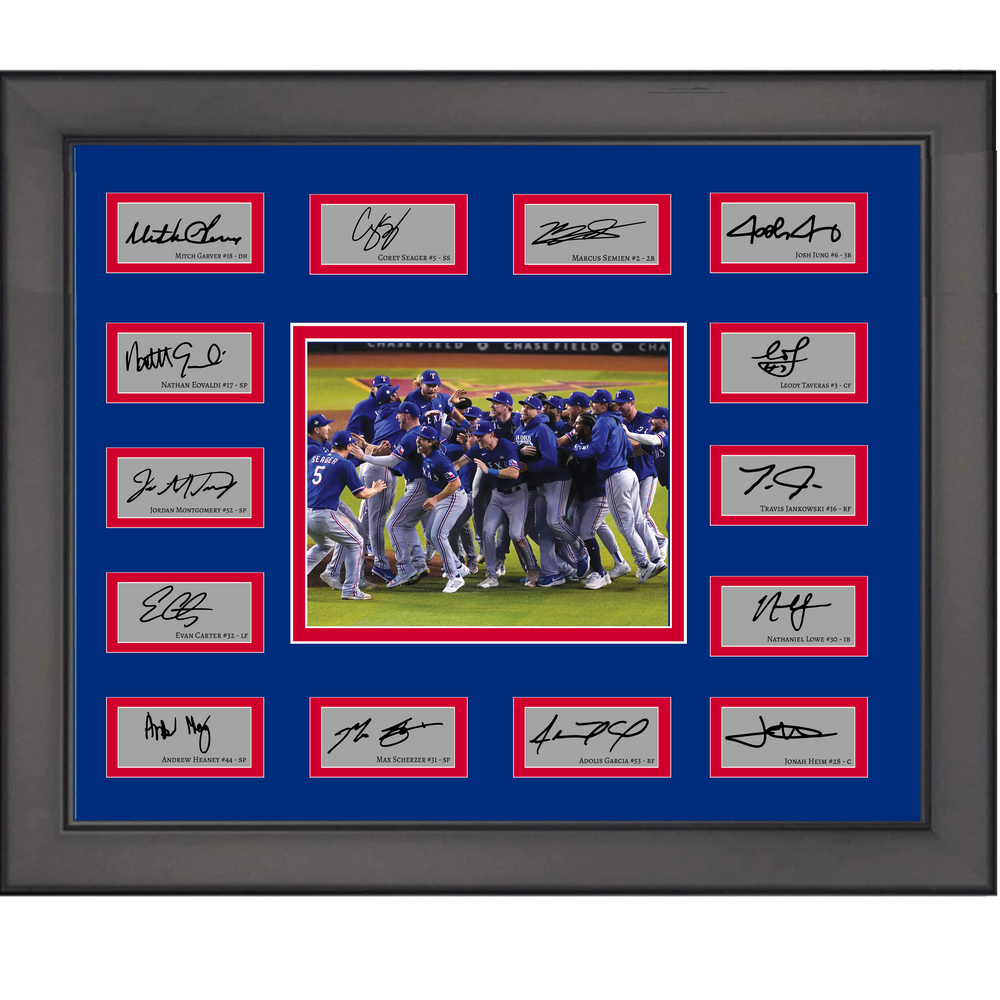Framed 2023 Texas Rangers World Series Champions Team Facsimile Laser Engraved Signature Auto Collage 20x25 Baseball Photo (ONLINE ORDER ONLY)
