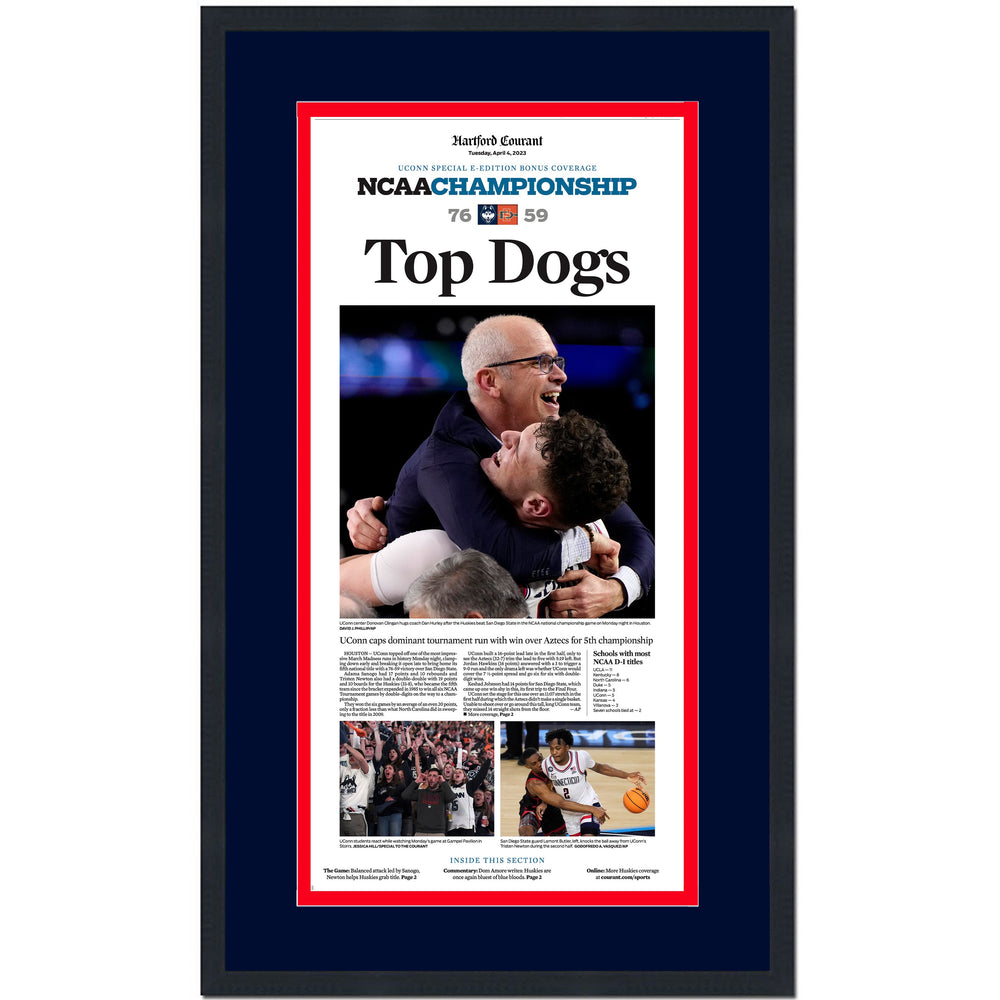 Framed Hartford Courant UConn Huskies Top Dogs 2023 NCAA National Champions 14x24 Newspaper Cover Photo Professionally Matted (ONLINE ORDER ONLY)