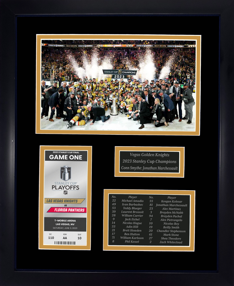 Framed Vegas Golden Knights 2023 Stanley Cup Replica Champions Laser Engraved Commemorative Ticket Collage  12 x15  Hockey Photo (ONLINE ORDER ONLY)