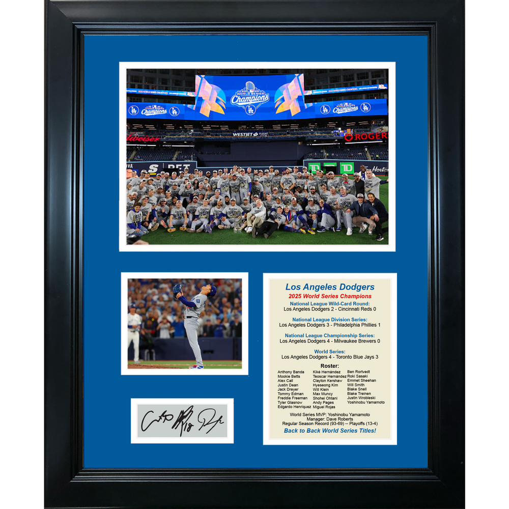 Framed Los Angeles Dodgers 2025 Back to Back World Series Champions Shohei Ohtani Roki Sasaki Yoshinobu Yamamoto MVP Facsimile Laser Engraved Signature Auto 11"x14" Baseball Photo Sig Collage (ONLINE ORDER ONLY)