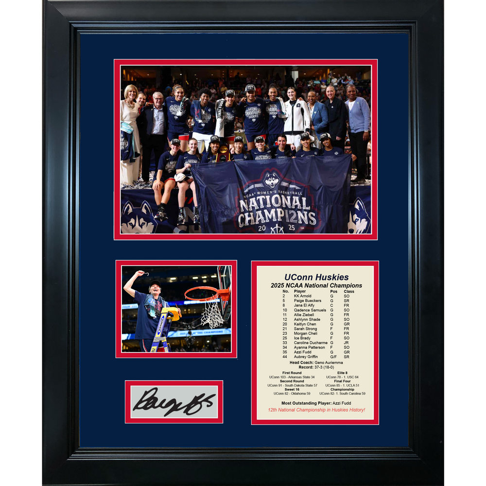 Framed UConn Huskies 2025 Women's NCAA National Champions Paige Bueckers Facsimile Laser Engraved Signature Auto 11"x14" College Basketball Photo Sig Collage (ONLINE ORDER ONLY)