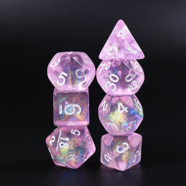Candy Luxury (formerly Barbie Pink) Glitter with White Numbering 7-Dice Set RPG (Online Only)