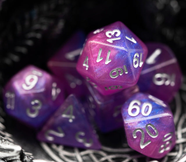 Pink & Blue w/silver Galaxy Glitter 7-Dice Set RPG (Online Only)