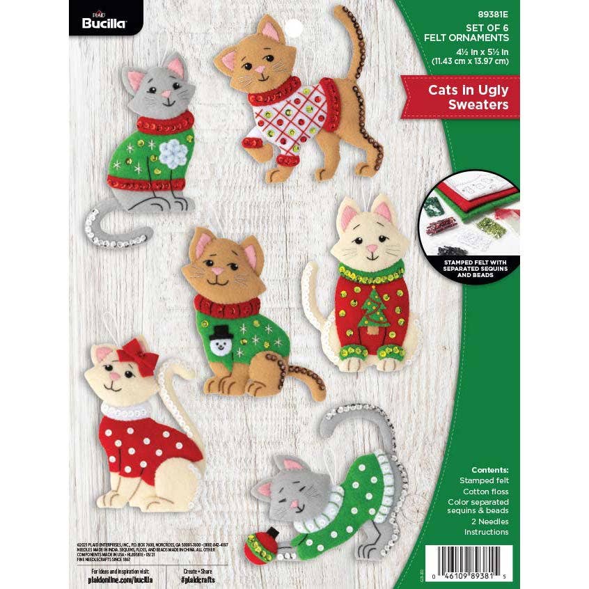 Bucilla Cats in Ugly Sweaters Felt Ornament Kit – Set of 6 Christmas Cat Ornaments (ONLINE ORDER ONLY)