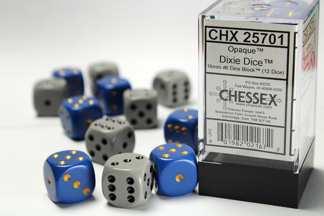 Opaque 16mm d6 Dixie Dice™ 12-Die Set (6 Blue/yellow, 6 Dark Grey/black) (Online Only)