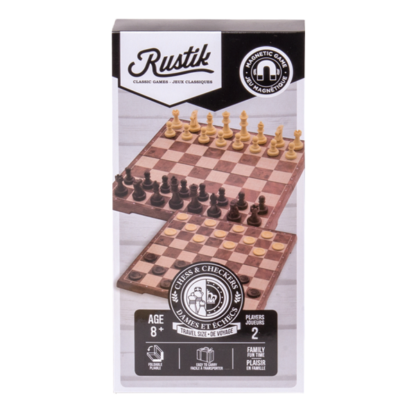 Travel Games: Rustik Foldable Magnetic Checkers/Chess  (Peachwood)