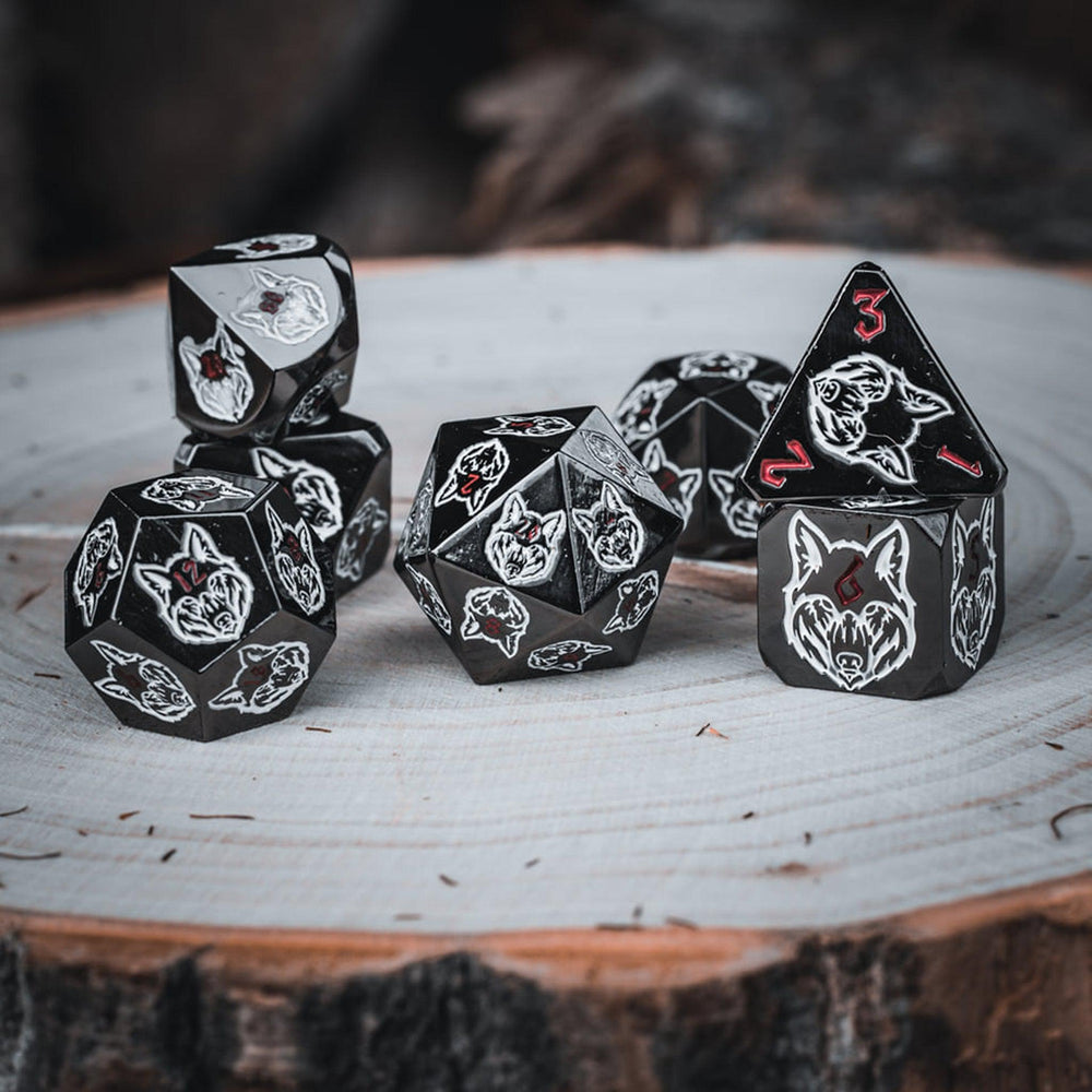 Wolves' Den White, Red, and Black Metal Dice Set (ONLINE ORDER ONLY)