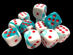 Limited Edition Gemini® 16mm d6 Teal-White/red Dice Block™ (12 dice) (Online Only)