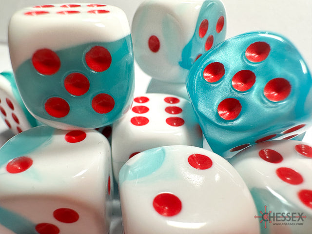Limited Edition Gemini® 16mm d6 Teal-White/red Dice Block™ (12 dice) (Online Only)