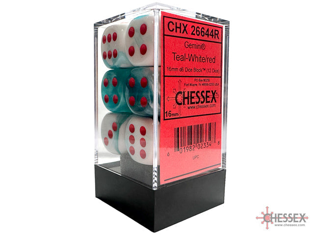 Limited Edition Gemini® 16mm d6 Teal-White/red Dice Block™ (12 dice) (Online Only)