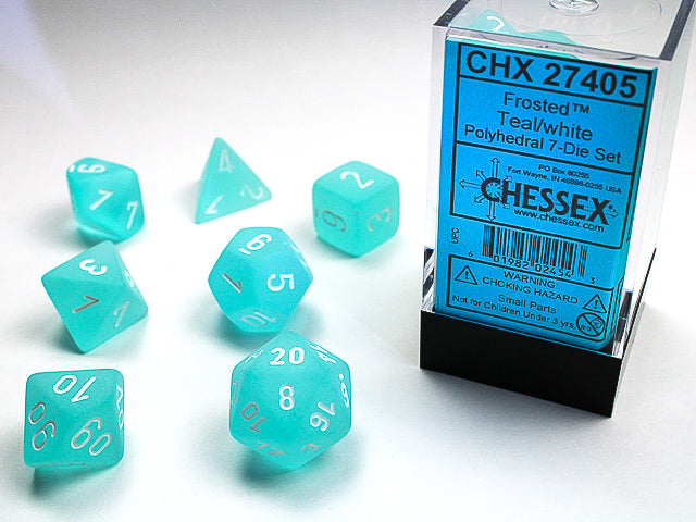 Chessex Polyhedral 7 Die Frosted Teal w/ White Numbers Set Of 7 Dice CHX 27405 (Online Only)