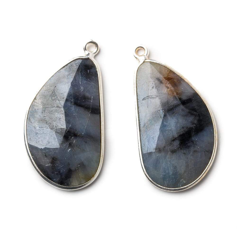 27x16mm Silver .925 Bezel Blue Sapphire faceted free shape Pendant Set of 2 pieces (ONLINE ORDER ONLY)