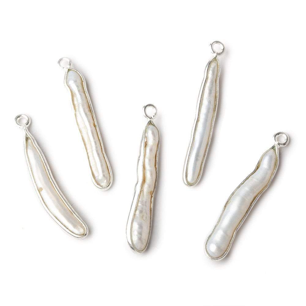 27x4mm Silver Bezeled Off White Biwa Pearl Pendant 1 piece (ONLINE ORDER ONLY)
