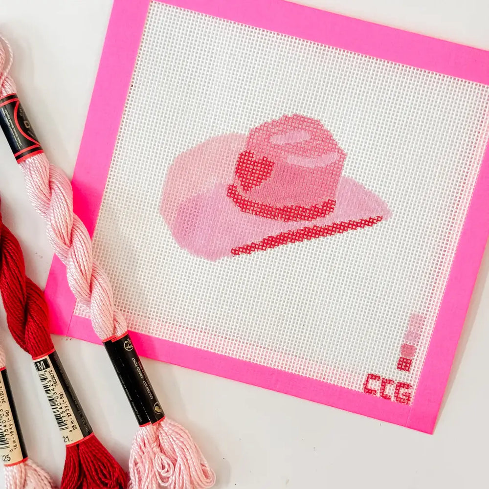 Cotswold Co Designs - Hand-Painted Pink Cowgirl Hat Needlepoint Canvas | 3” Canvas (ONLINE ORDER ONLY)