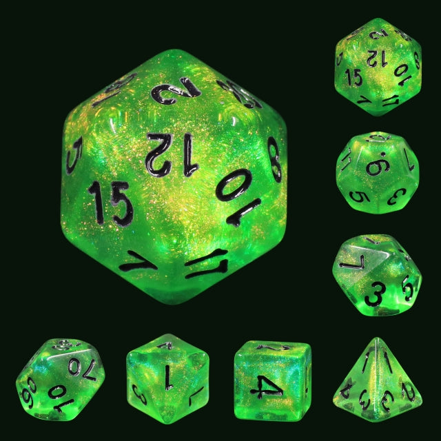 Forest Green Glitter with Black Numbering 7-Dice Set RPG (Online Only)
